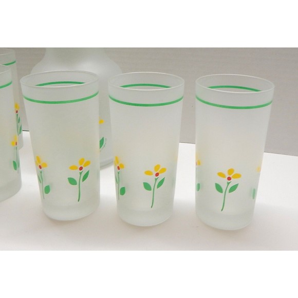 Libbey of Canada Frosted Beverage Carafe 6 Glasses Yellow Flower Telaflora 1985 - Picture 3 of 12
